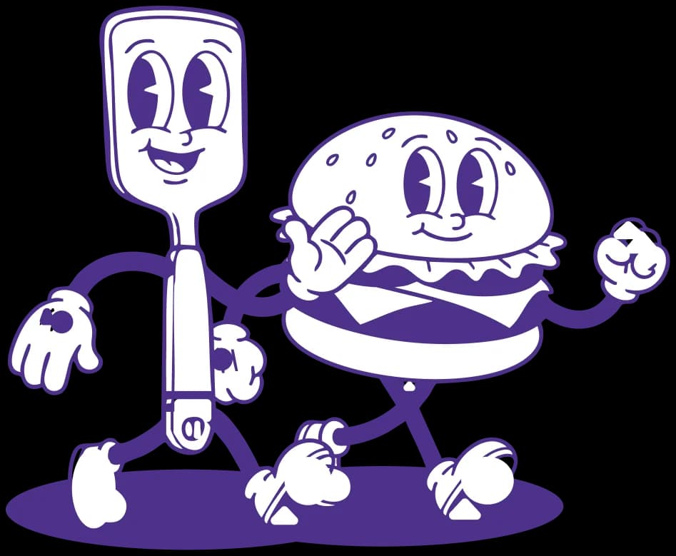 Duo de personajes caminando de Maro Burgers