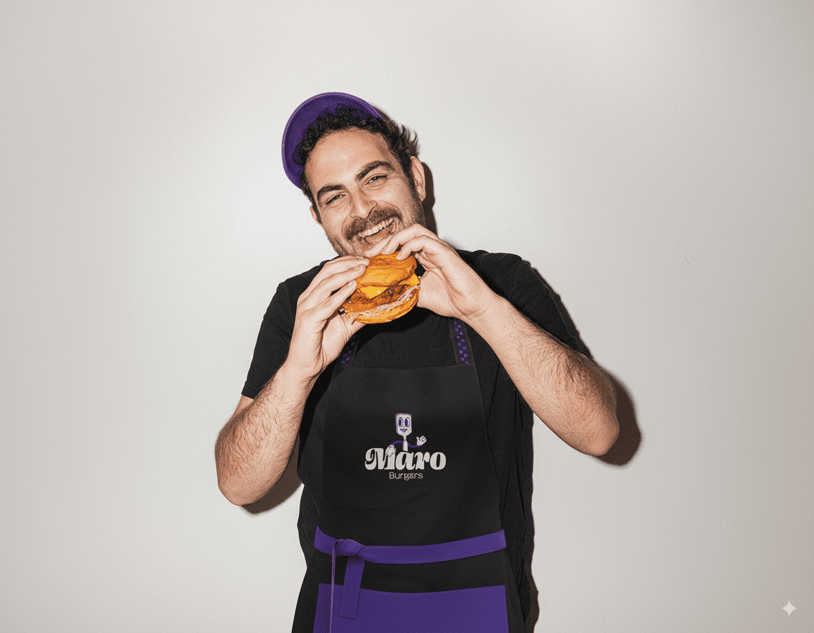 Empleado de Maro Burgers con uniforme en el local